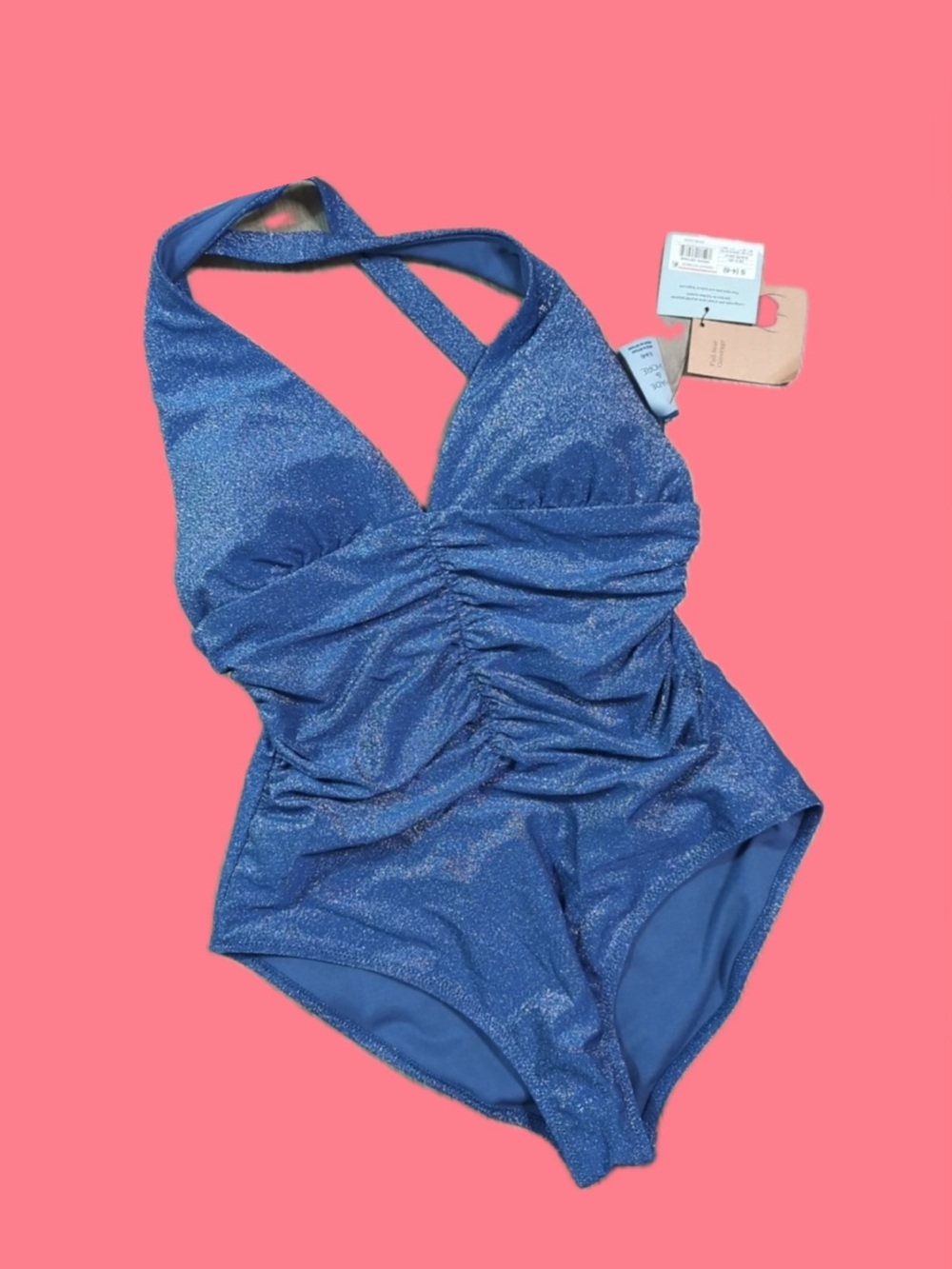 Shade & Shore Shimmery Blue V-Neck Ruched One-Piece Swimsuit XL